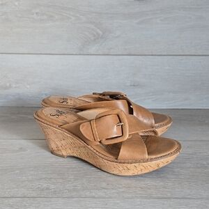 Sofft Women Leather Stylish Tan Wedge Sandals Shoes 7.5M